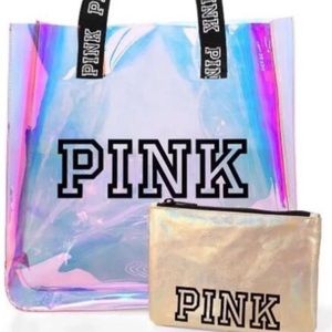 Victoria secret pink iridescent tote and pouch